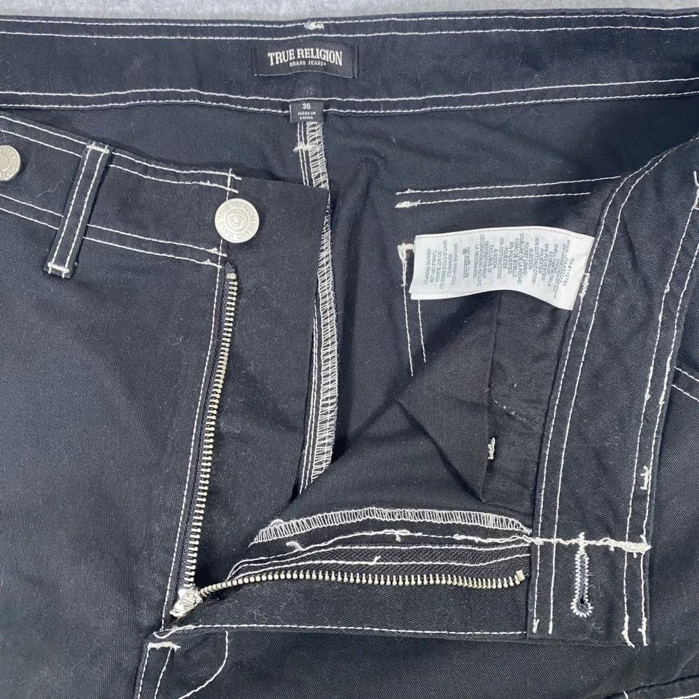 True Religion Cargo Pants Mens 36 Black White Contrast Stitch Horseshoe Logo